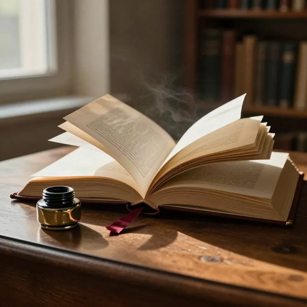 Libro aperto di Dante con nastro bordeaux, fogli impilati e calamaio in luce dell’alba.