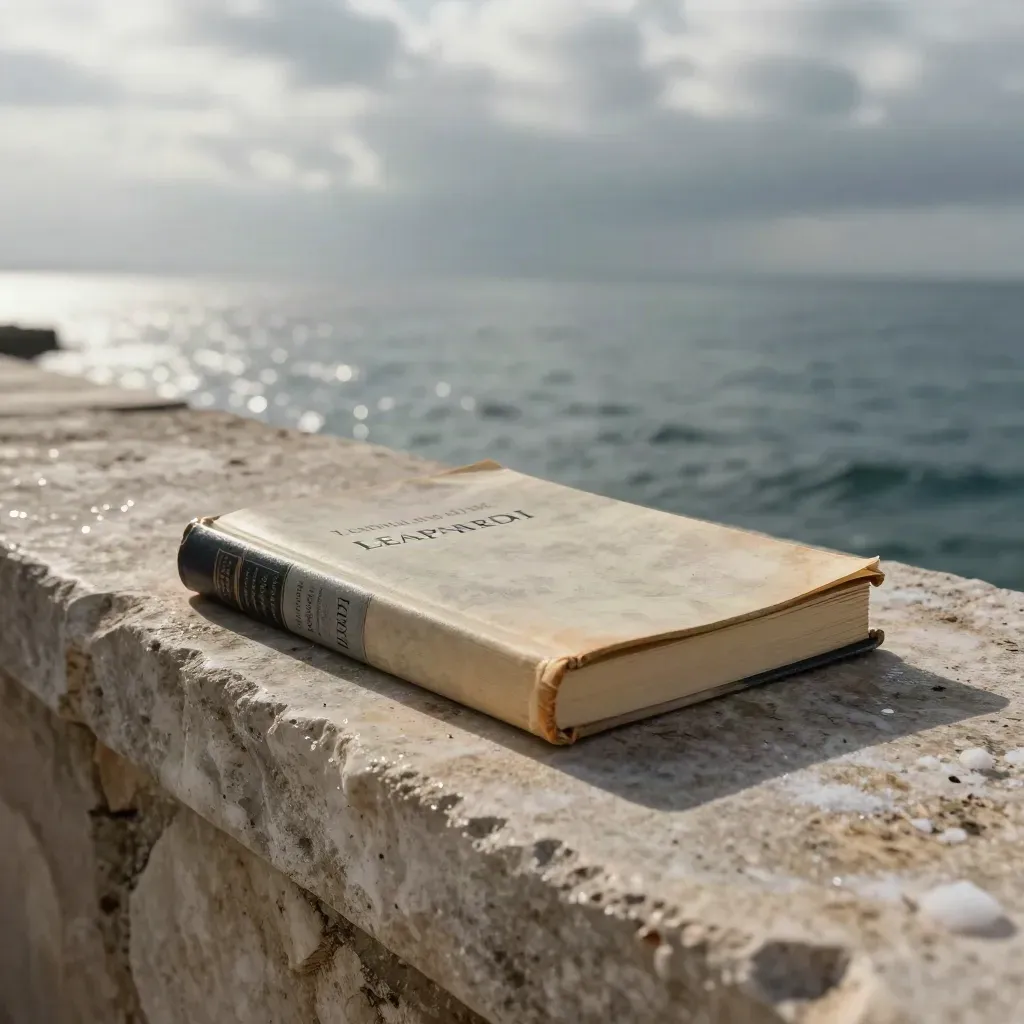 Libro di Leopardi e taccuino consumato su un parapetto costiero, con spruzzi di mare.