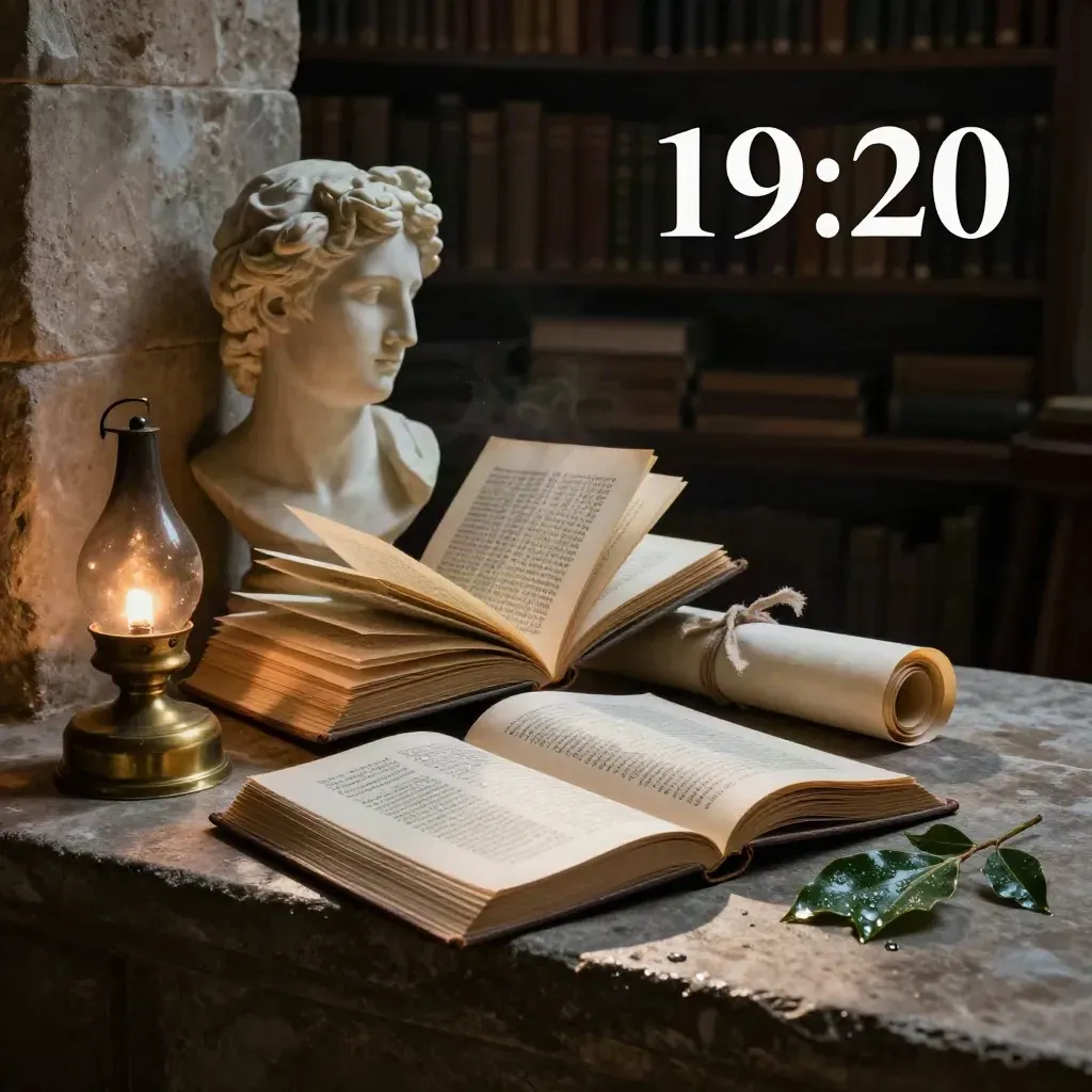 Antologia aperta, frammento di busto, pergamene, alloro e lampada in una stanza buia