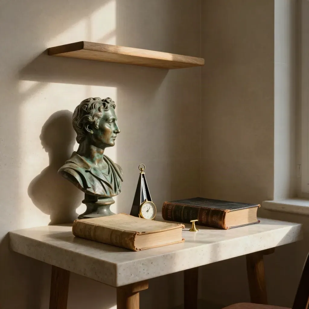 Busto di bronzo, volume di Orazio e metronomo su pietra chiara in una nicchia di studio