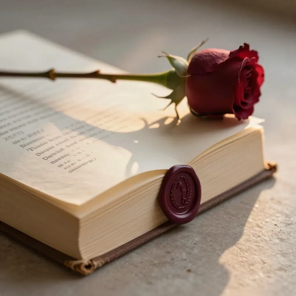 Libro di liriche, stelo di rosa e sigillo di cera su carta color crema, luce calda al tramonto.