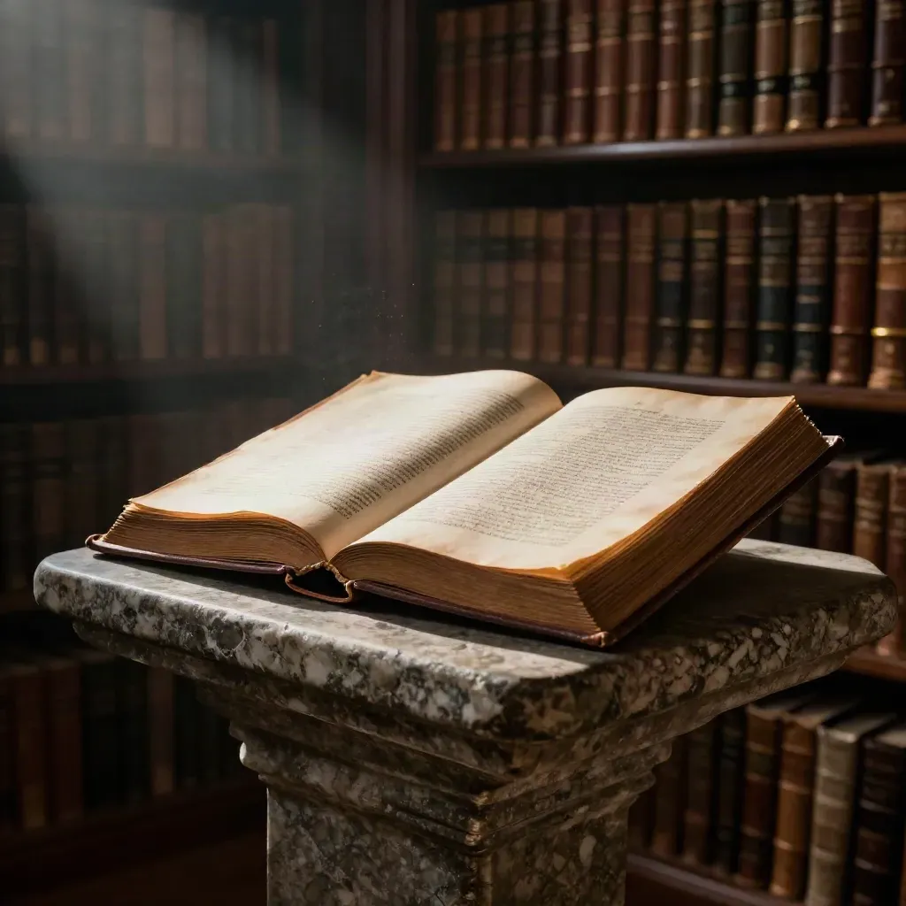 Folio aperto di Dante su leggìo di pietra in una biblioteca buia, con polvere e luce radente.