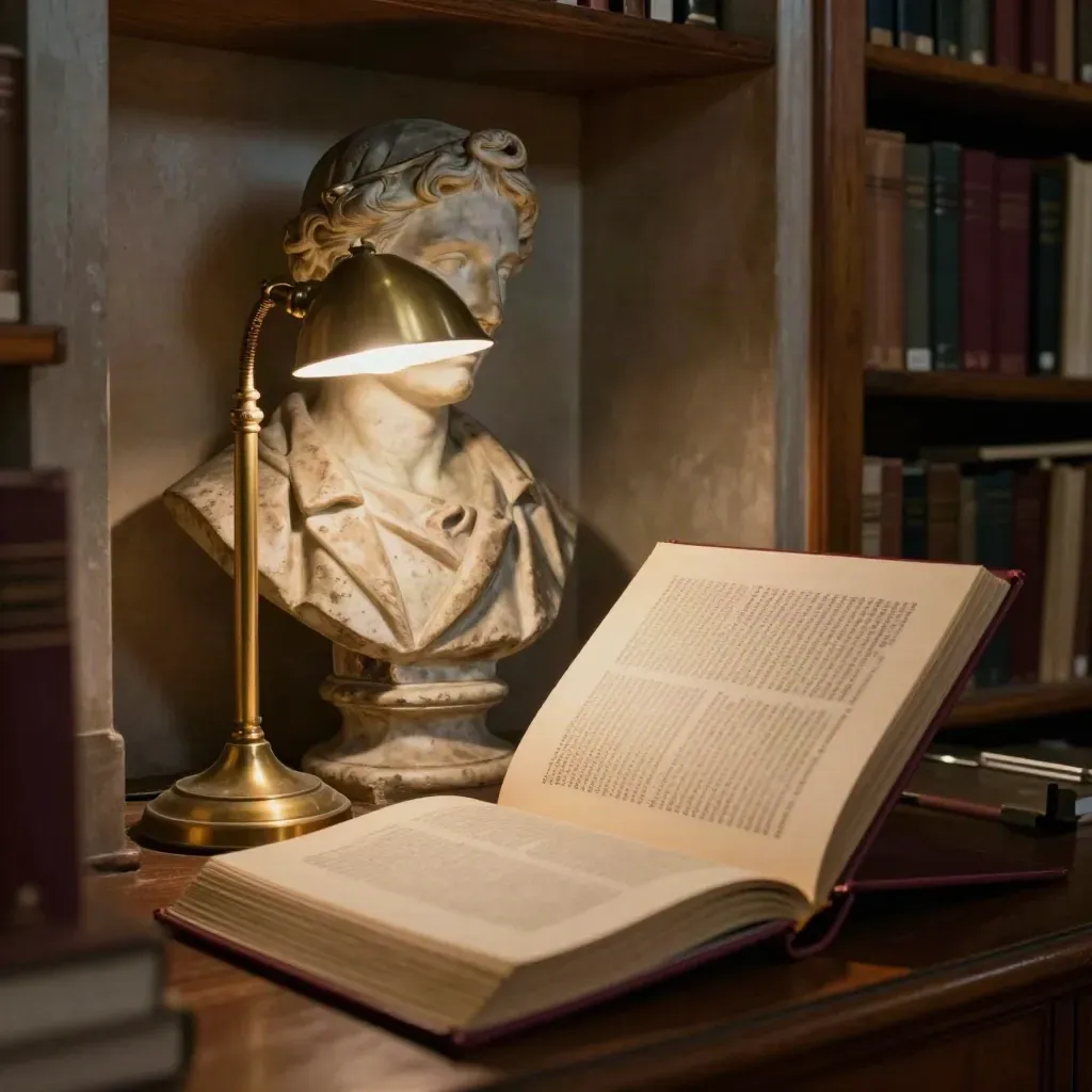 Busto civico, lampada in ottone e volume di poesia aperto in un archivio classico.