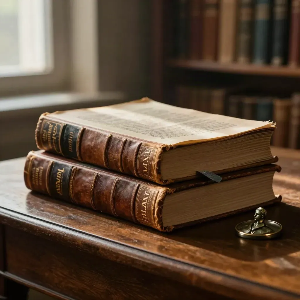 Due volumi antichi di lessico con segnalibro in ardesia e medaglione bronzeo in una biblioteca.