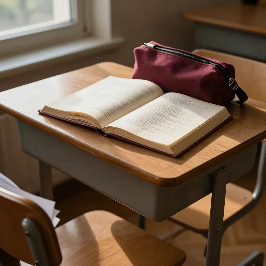 Antologia aperta su banco scolastico, astuccio bordeaux e cinghia dello zaino alla luce del pomeriggio