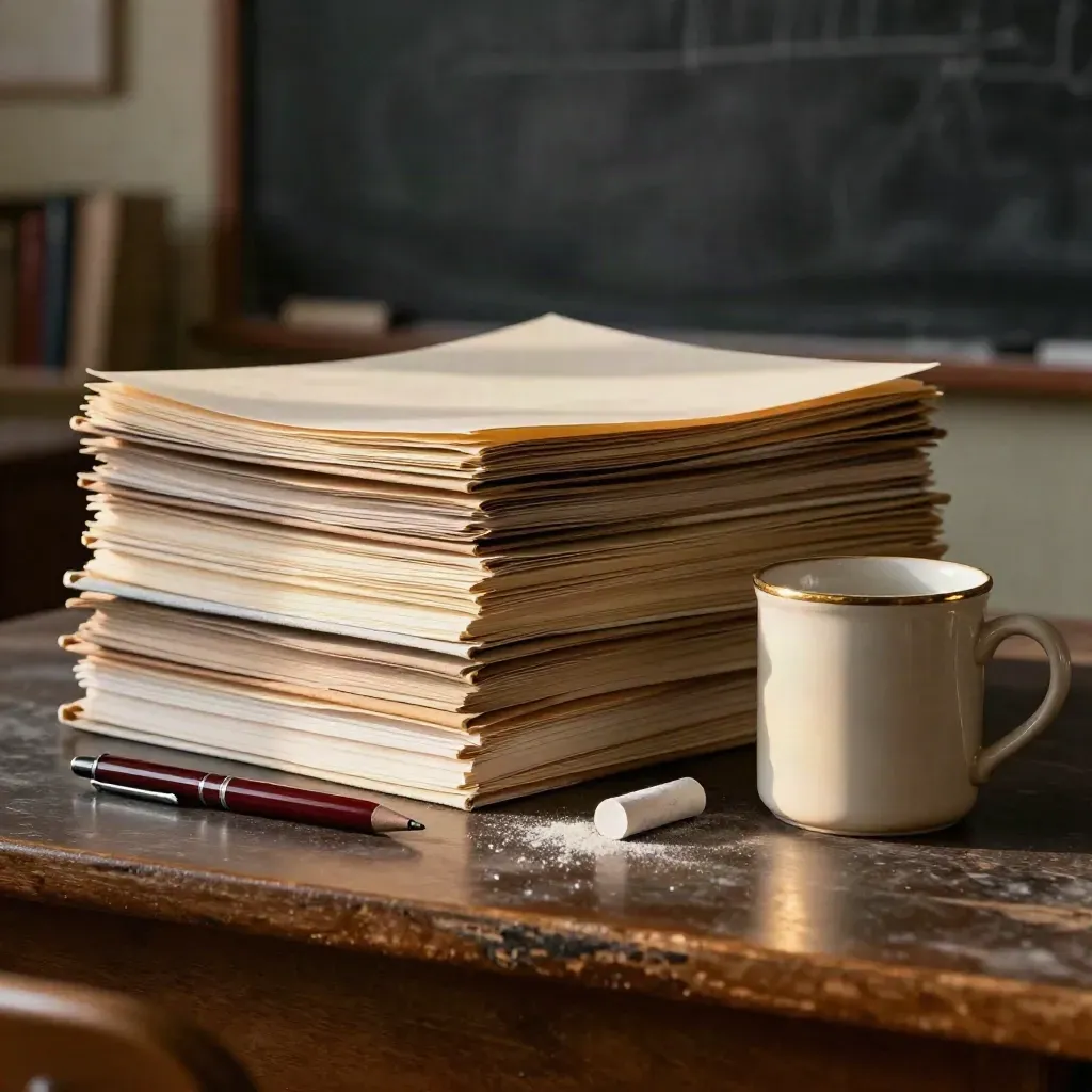 Cartellette, gesso, penna rossa e tazza su tavolo da seminario, pronti per la lezione.